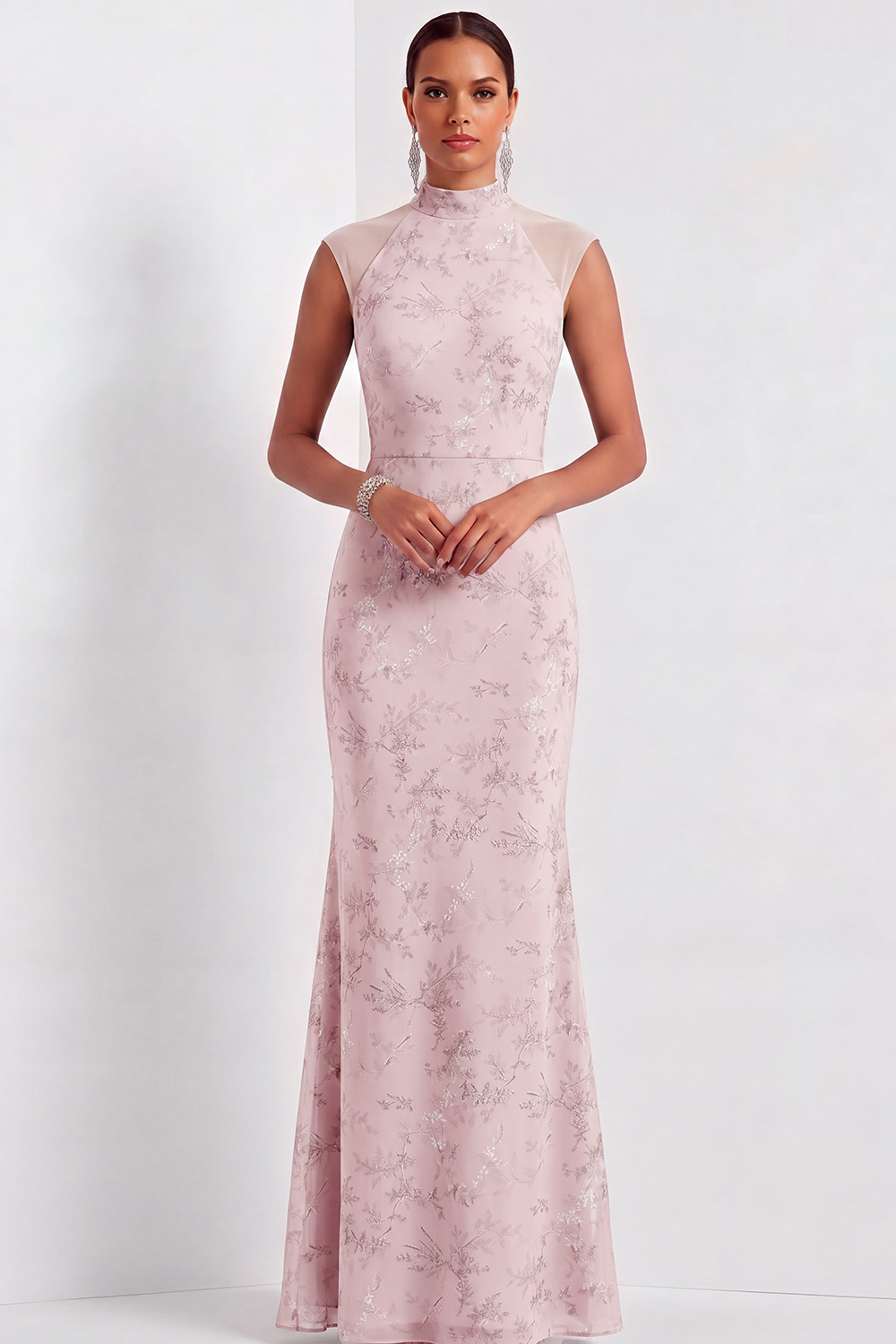 Dusty Sage Floral Formal Dress High Neck Mermaid Maxi Dress -chiclody