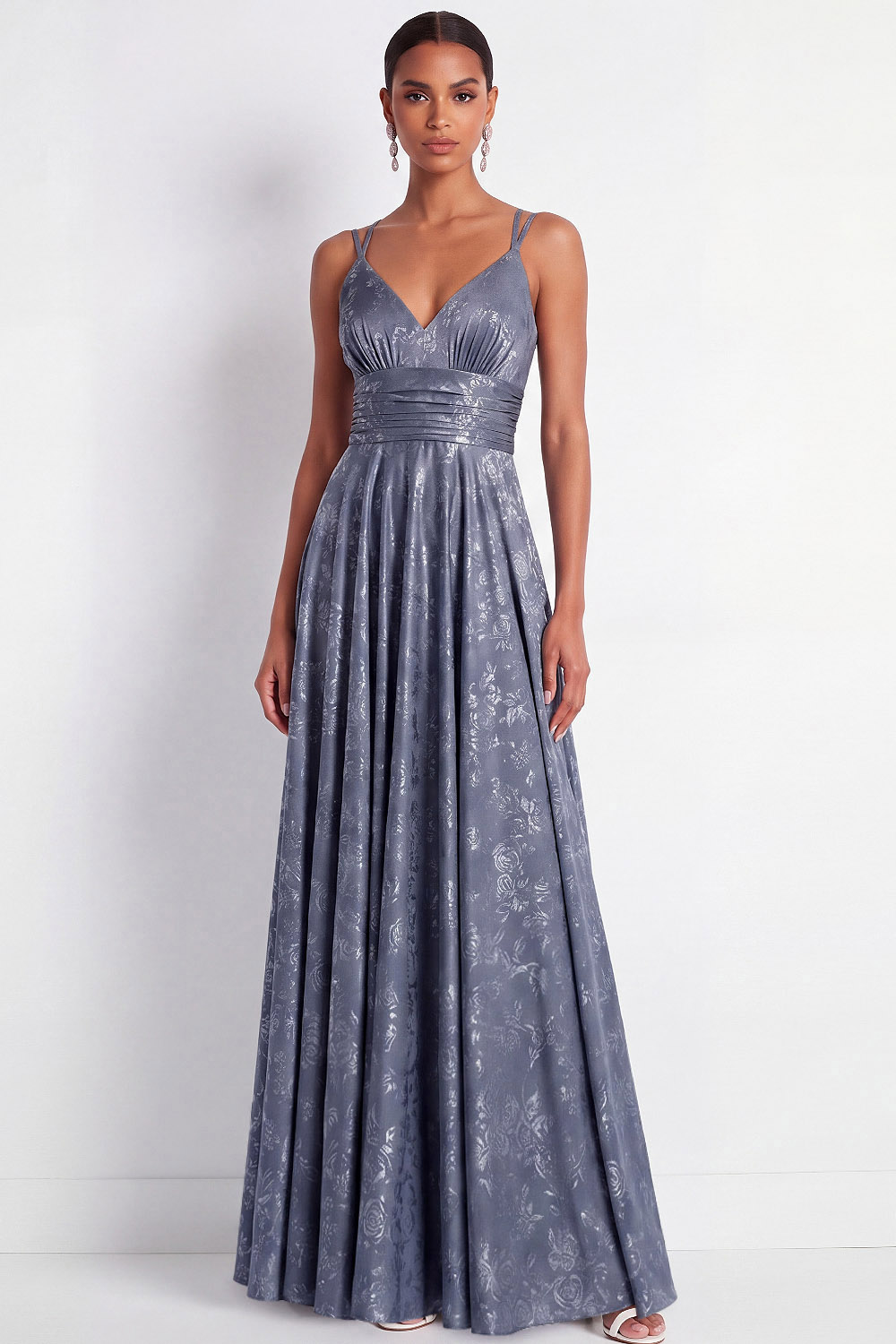 Dusty Blue Floral Wedding Guest Dress A-Line Empire Waist Satin Maxi Dress 
