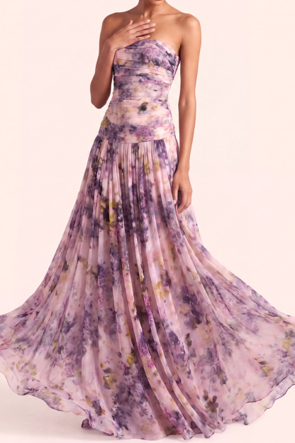 Wisteria Floral Wedding Guest Dress A-Line Strapless Pleated