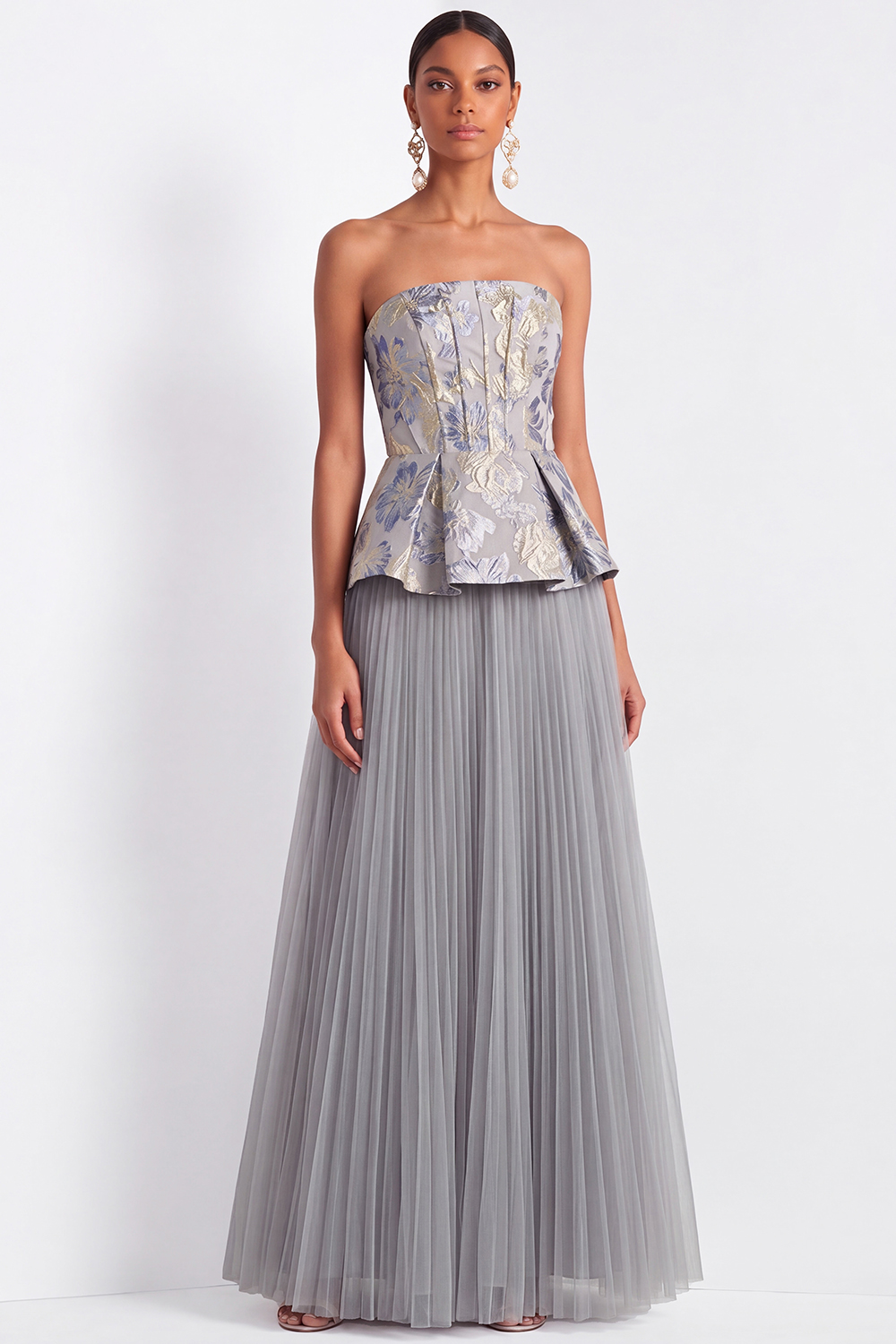 Grey Jacquard Formal Dress A-Line Strapless Pleated Tulle Maxi Dress 