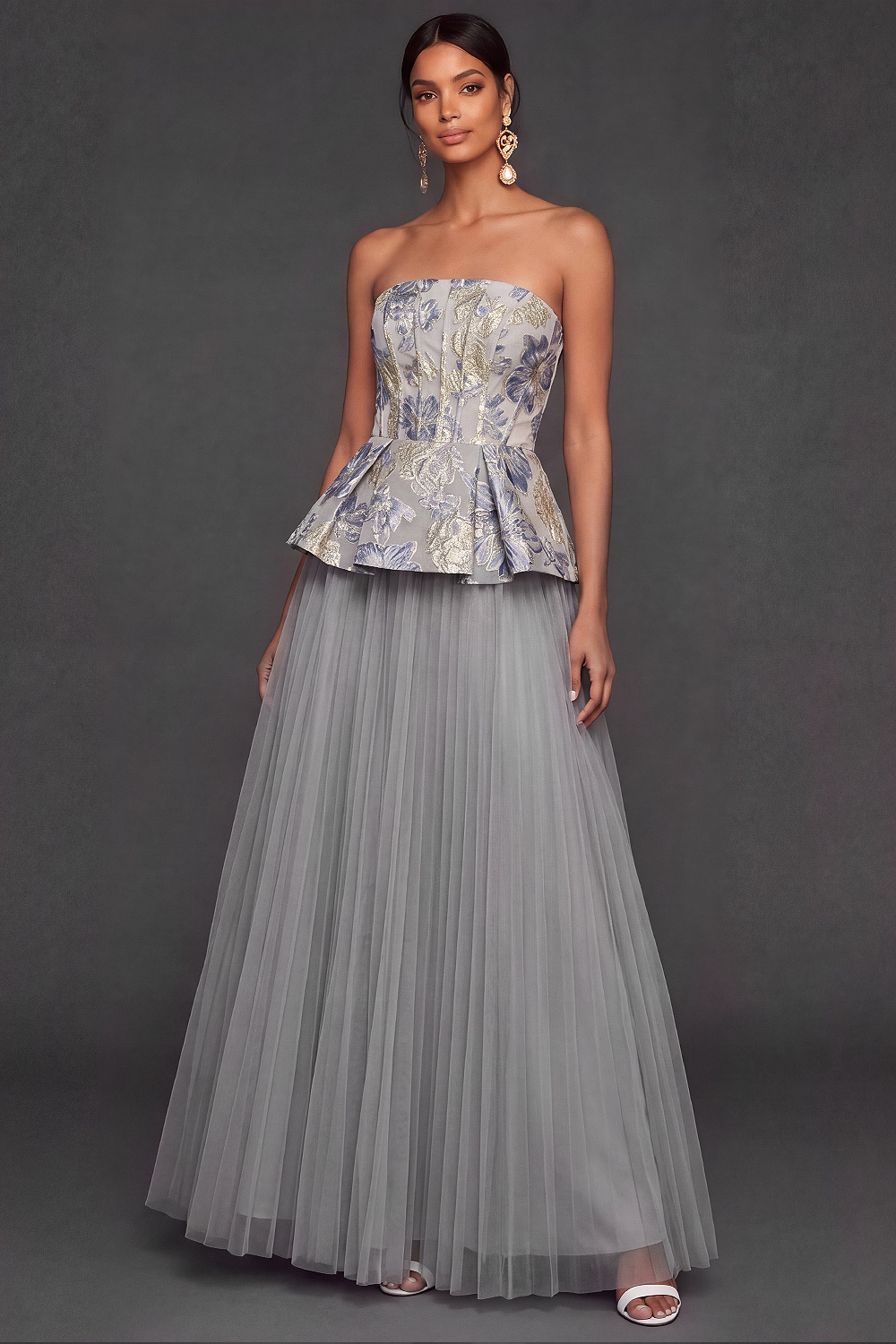 Grey Jacquard Formal Dress A-Line Strapless Pleated Tulle Maxi Dress 
