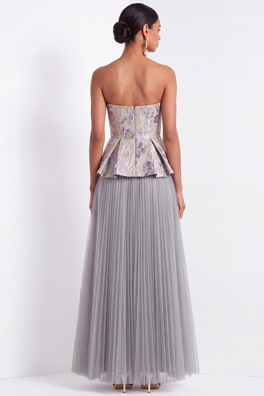 Grey Jacquard Formal Dress A-Line Strapless Pleated Tulle Maxi Dress 