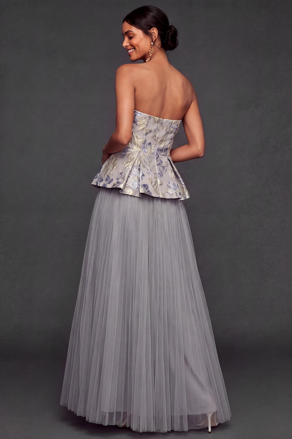 Grey Jacquard Formal Dress A-Line Strapless Pleated Tulle Maxi Dress 