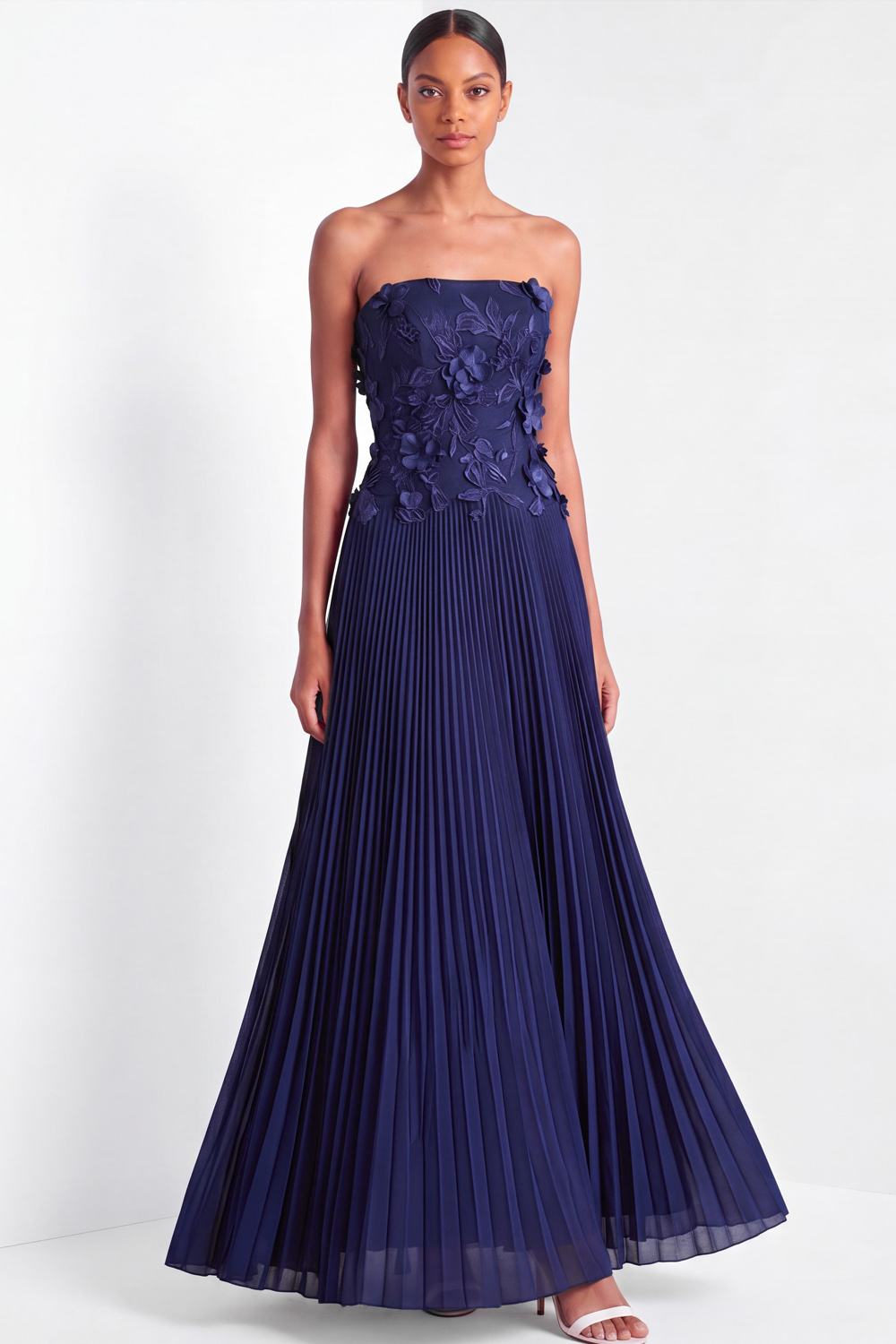 Navy Appliqued Formal Dress A-Line Strapless Pleated Tulle Maxi Dress 