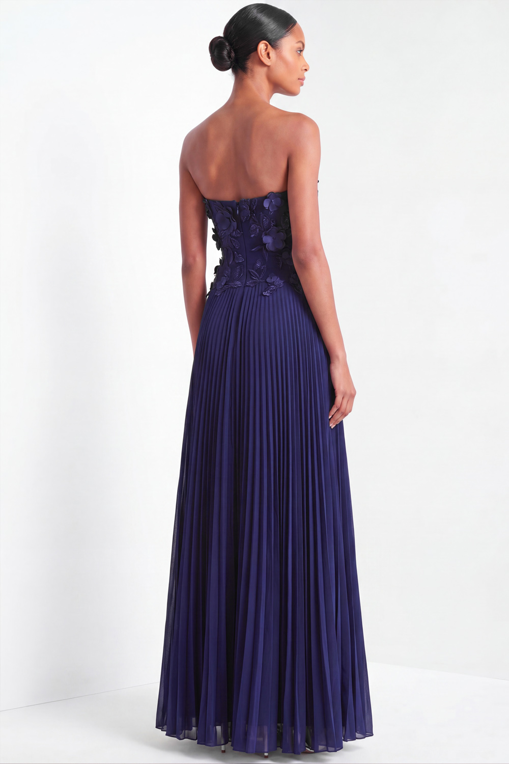 Navy Appliqued Formal Dress A-Line Strapless Pleated Tulle Maxi Dress 