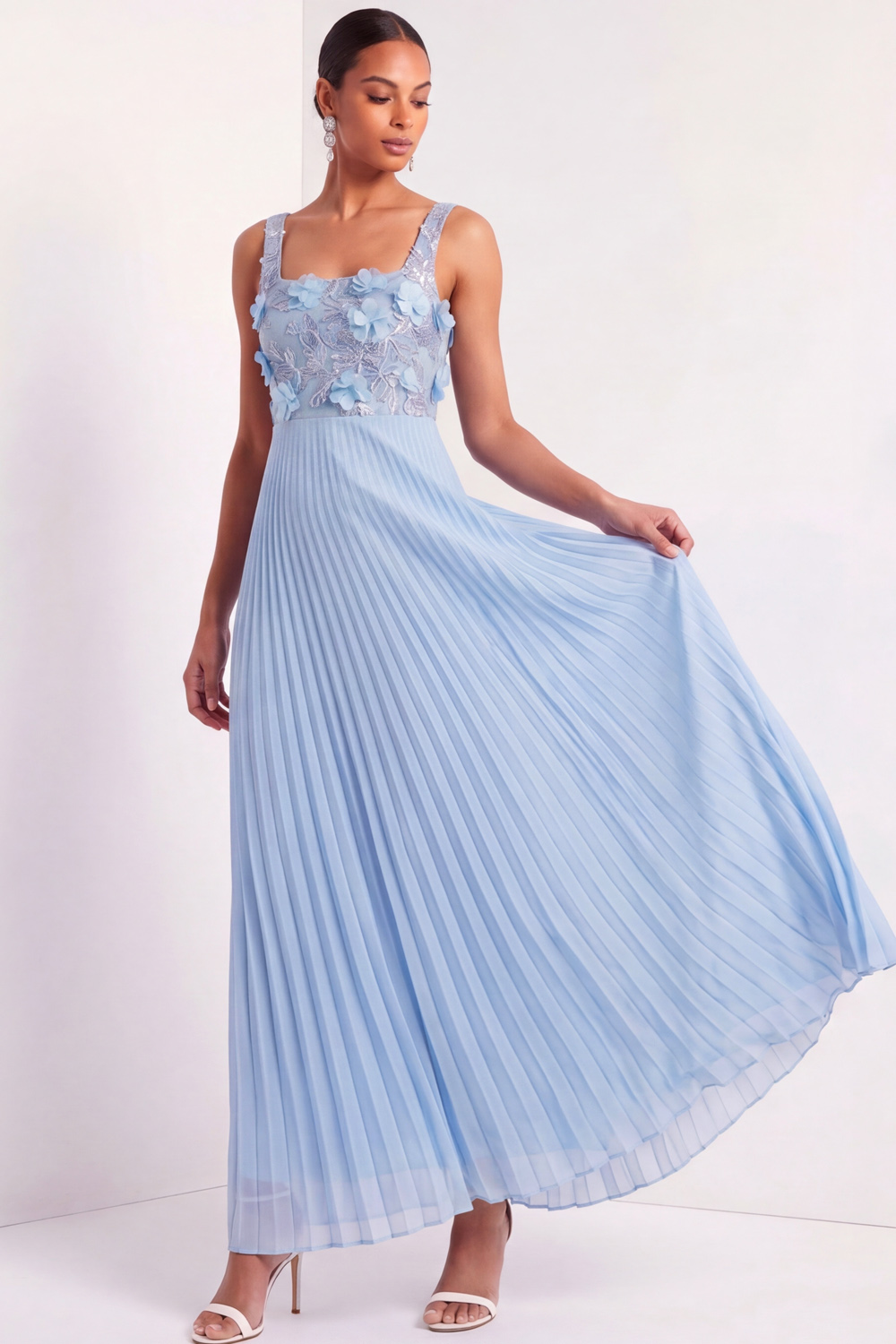 Light Blue Appliqued Formal Dress Wide Straps Pleated Tulle Maxi Dress 