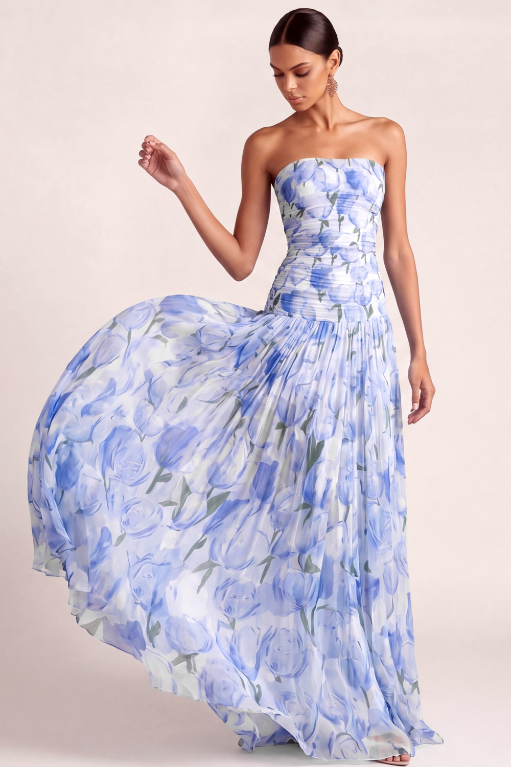 Light Blue Floral Wedding Guest Dress A-Line Strapless Pleated Maxi Dress 