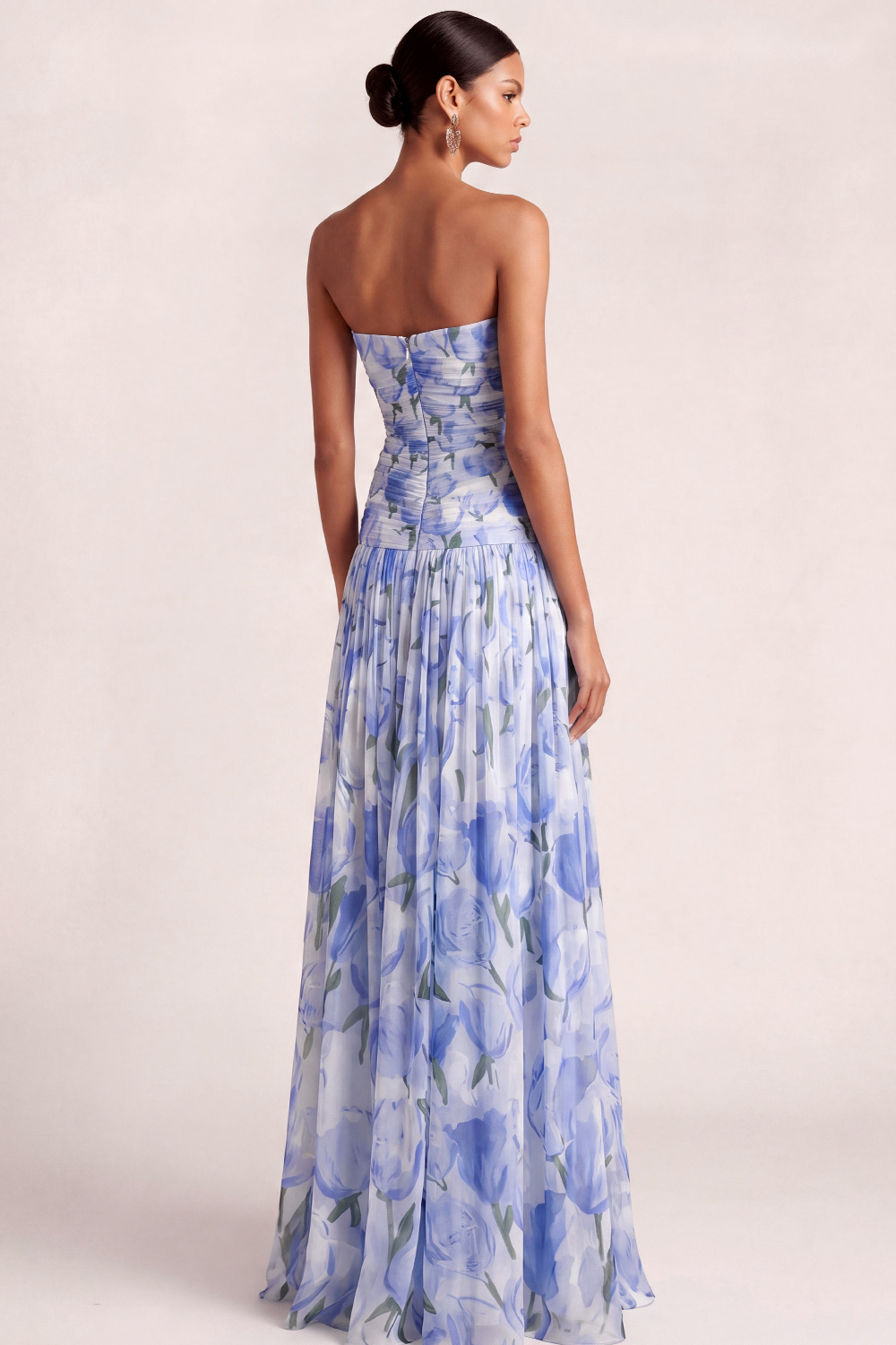 Light Blue Floral Wedding Guest Dress A-Line Strapless Pleated Maxi Dress 