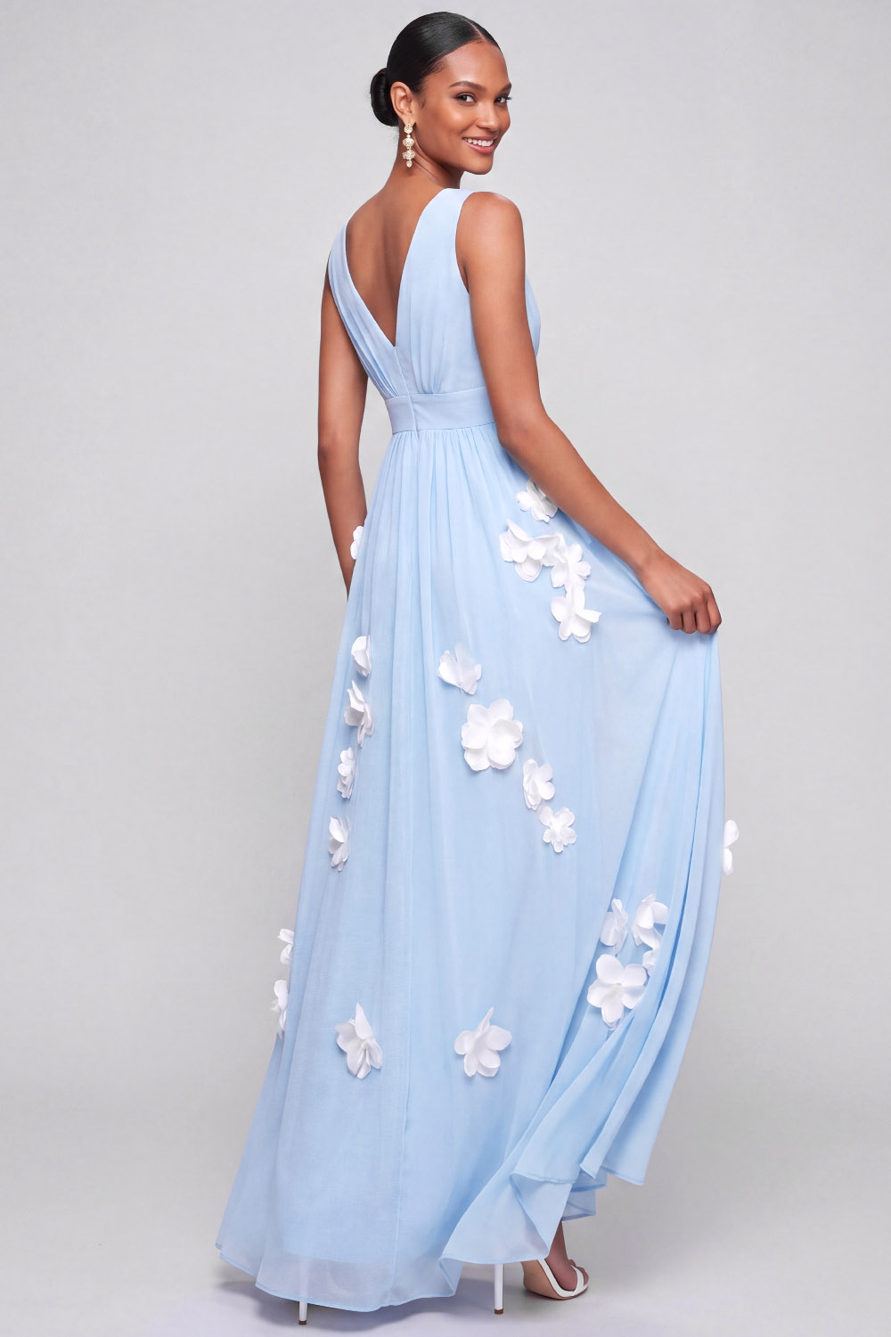 Light Blue A-Line Wedding Guest Dress V-Neck Maxi Dress with 3D Flowers