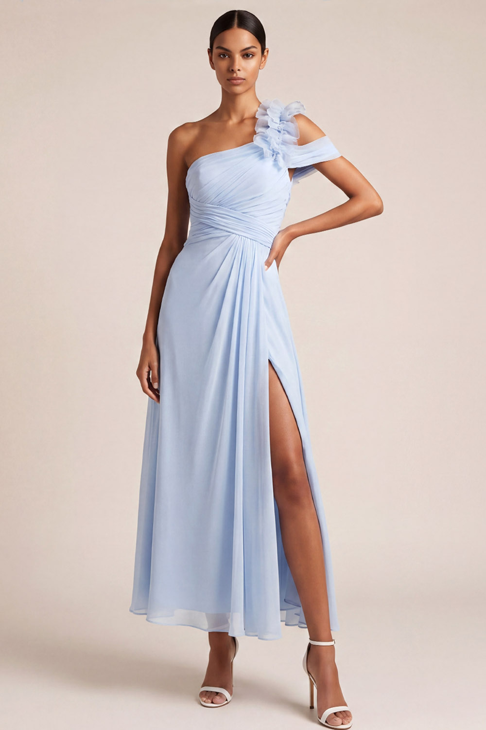 Light Blue Formal Dress One Shoulder Chiffon Maxi Dress with Slit