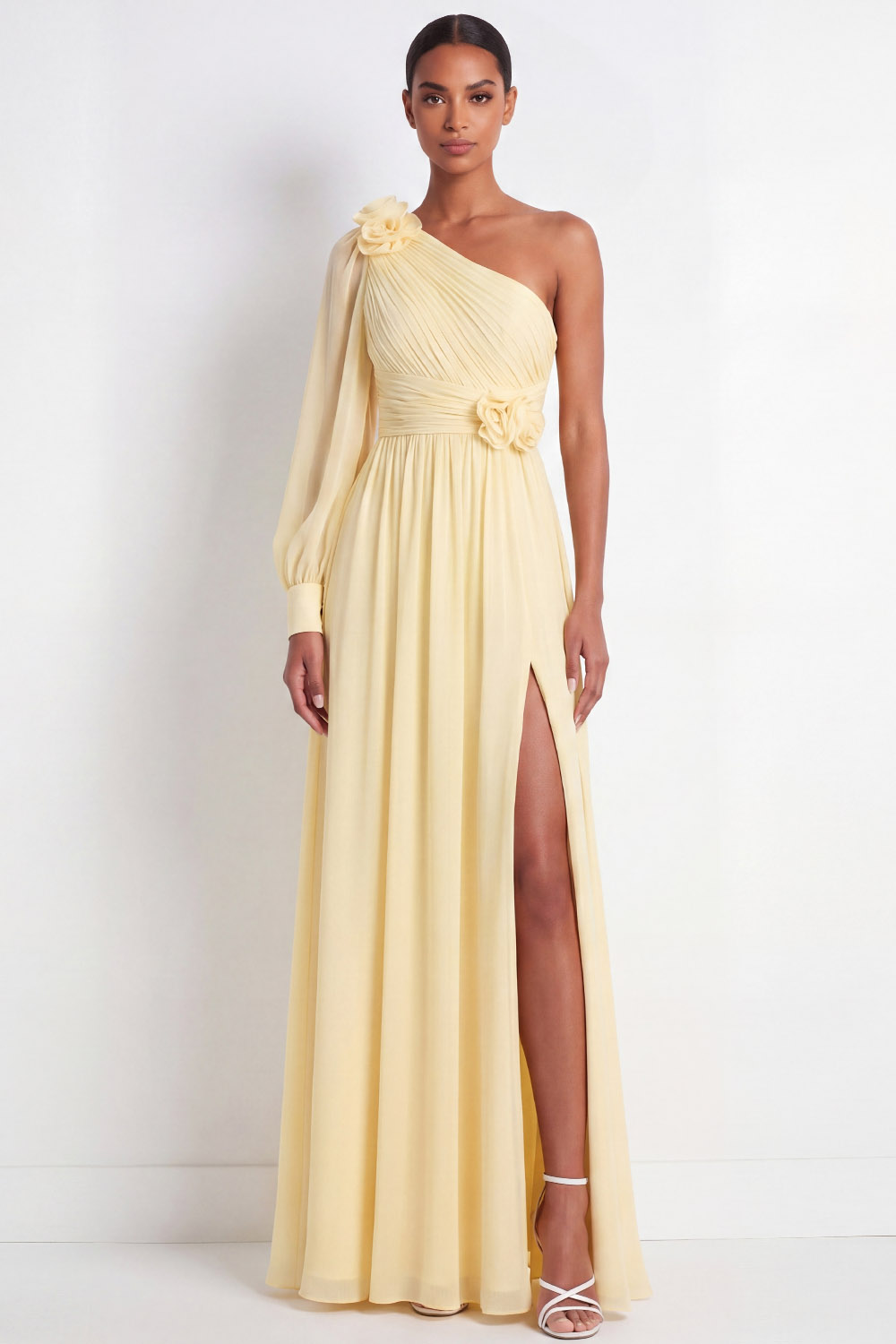 Light Yellow Formal ​Wedding Bridesmaid Dress One Shoulder Chiffon Maxi Dress 