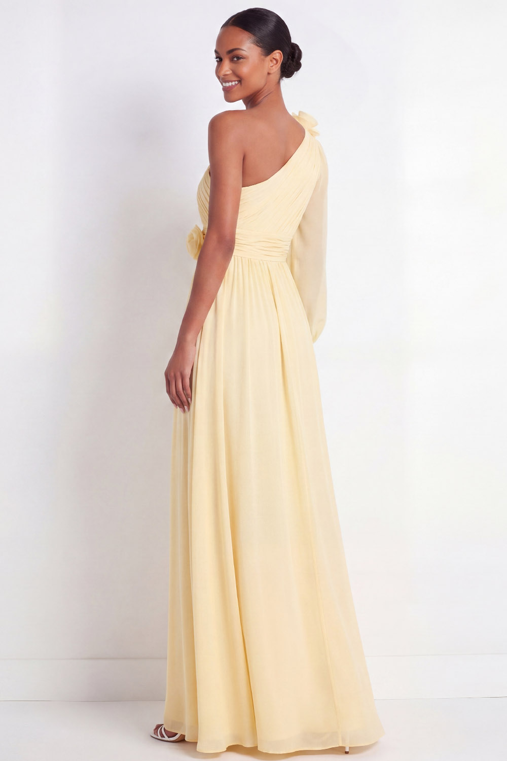 Light Yellow Formal ​Wedding Bridesmaid Dress One Shoulder Chiffon Maxi Dress 