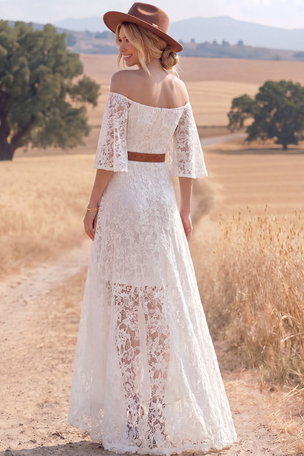 White Boho Dress Off the Shoulder Half Sleeve Lace High-Low Dress 