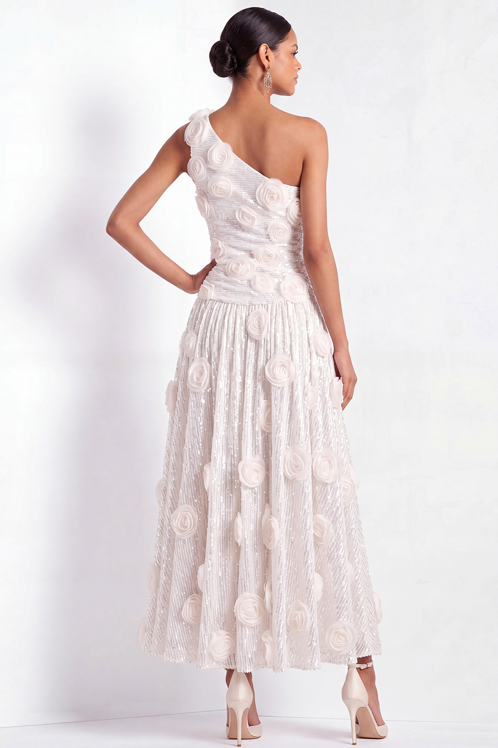 White Floral Formal Dress One Shoulder Appliqued Sequin Pleated Maxi Dress