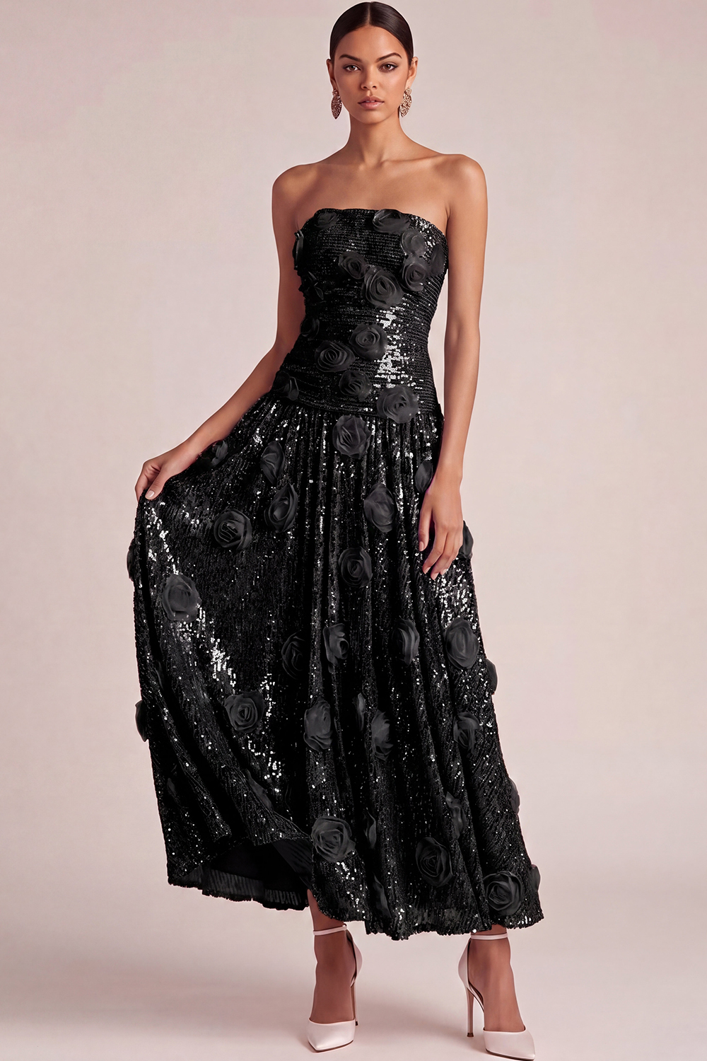 Pink Floral Formal Dress A-Line Strapless Appliqued Sequin Maxi Dress
