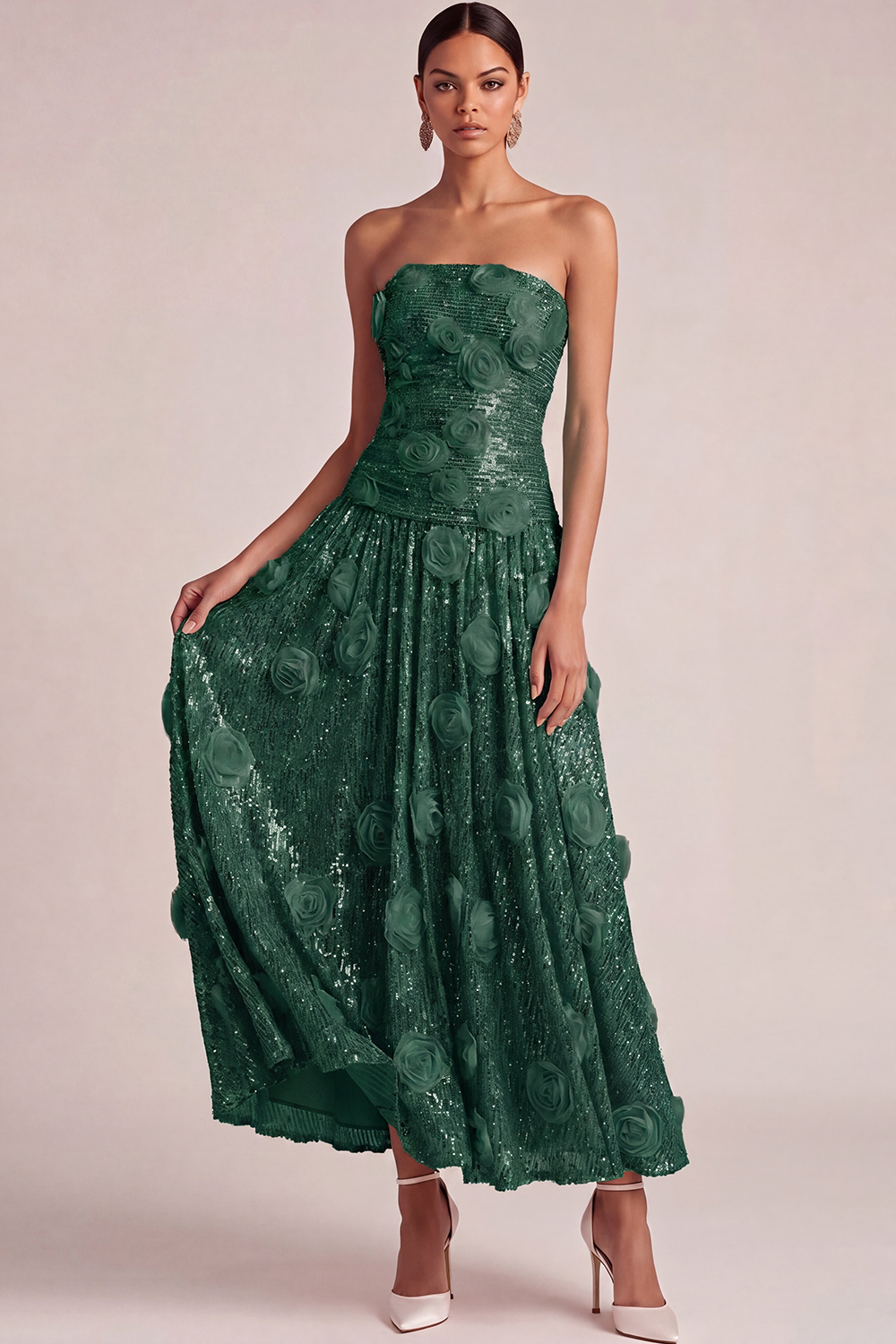 Pink Floral Formal Dress A-Line Strapless Appliqued Sequin Maxi Dress