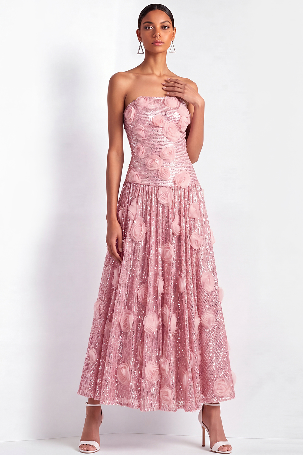 Pink Floral Formal Dress A-Line Strapless Appliqued Sequin Maxi Dress