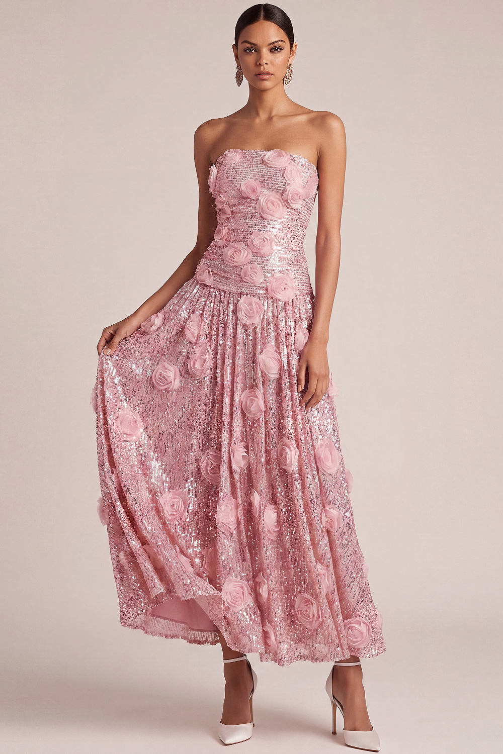 Pink Floral Formal Dress A-Line Strapless Appliqued Sequin Maxi Dress