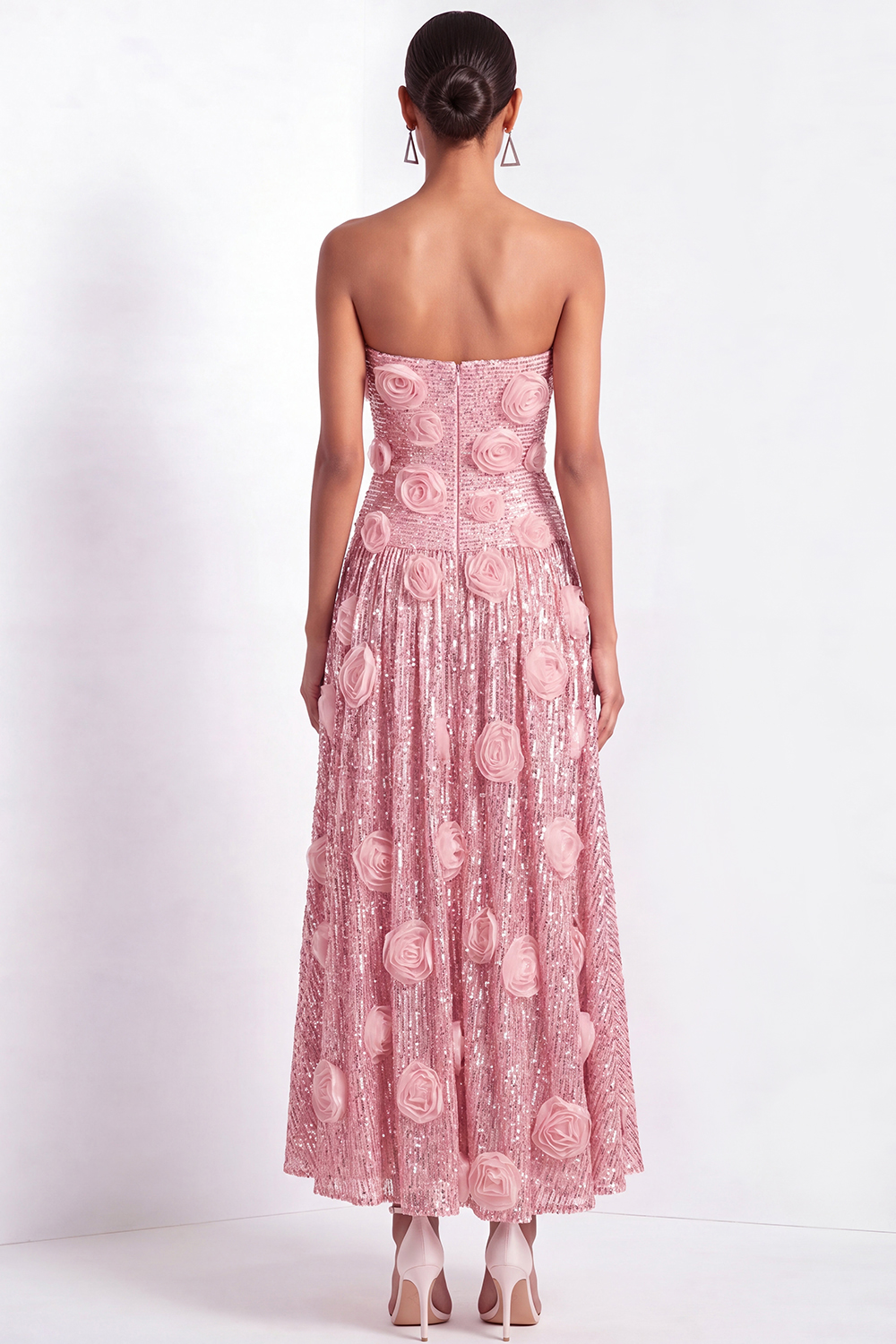 Pink Floral Formal Dress A-Line Strapless Appliqued Sequin Maxi Dress