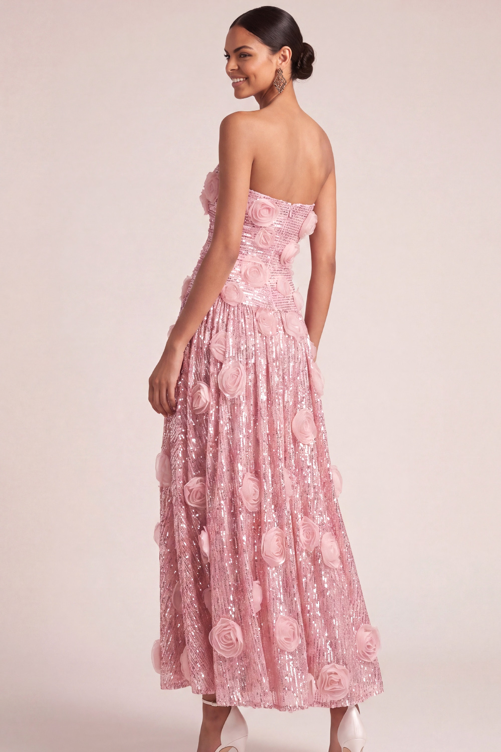 Pink Floral Formal Dress A-Line Strapless Appliqued Sequin Maxi Dress