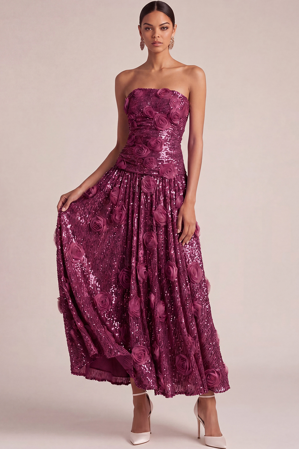 Pink Floral Formal Dress A-Line Strapless Appliqued Sequin Maxi Dress