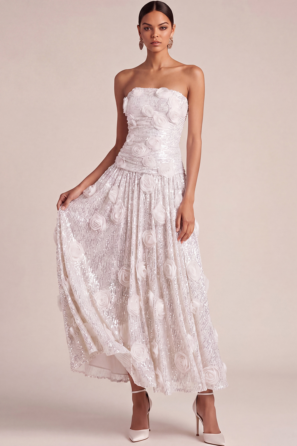Pink Floral Formal Dress A-Line Strapless Appliqued Sequin Maxi Dress