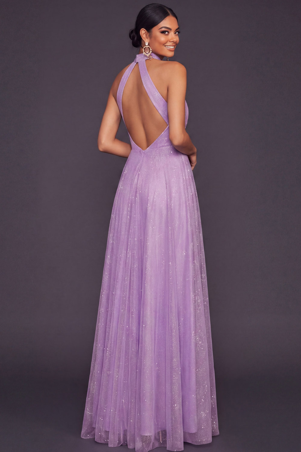 Lilac Formal Evening Dress Halter Tulle Maxi Dress with Slit