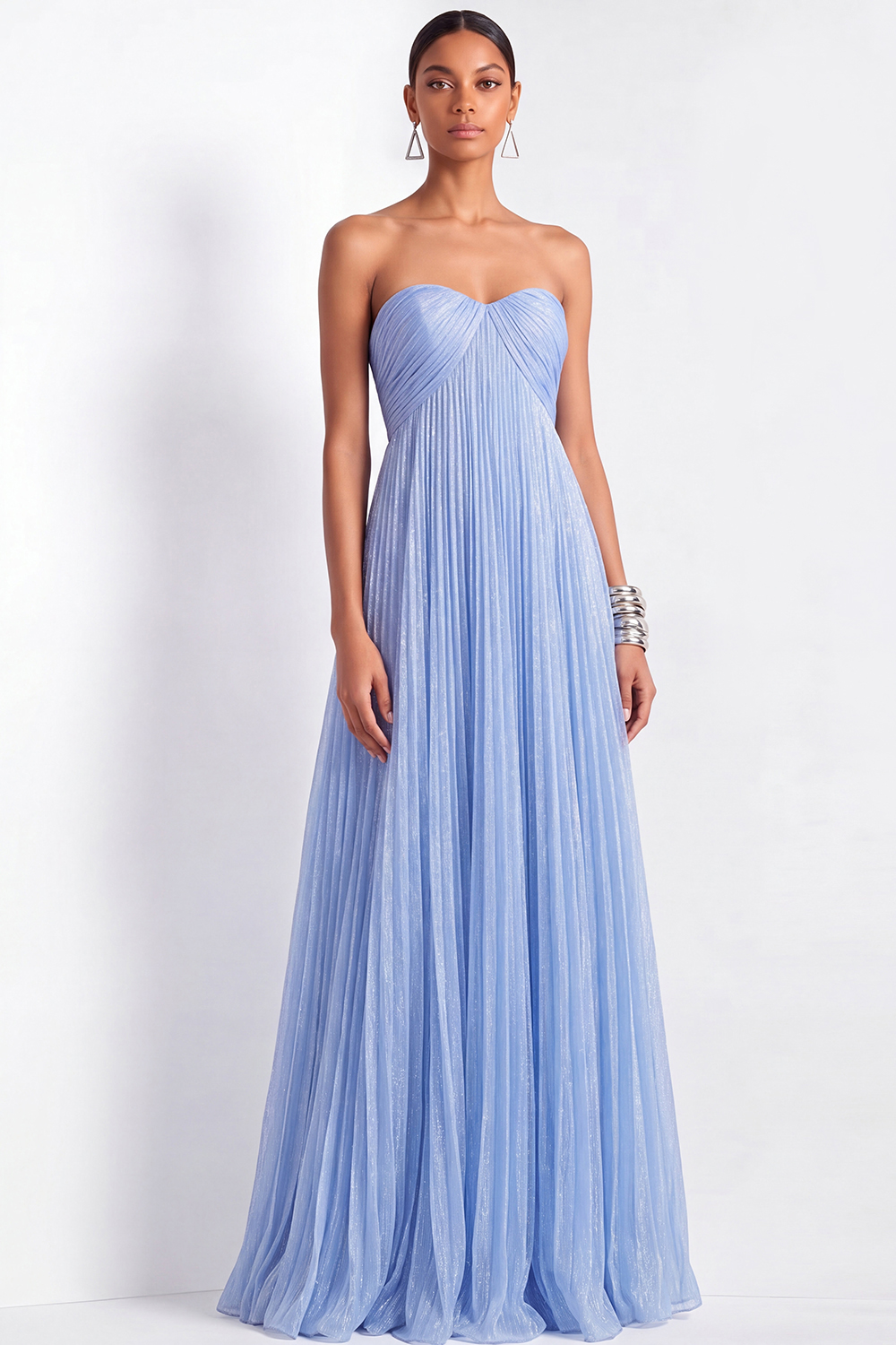 Blue Tulle Formal Dress A-Line Strapless Pleated Maxi Dress