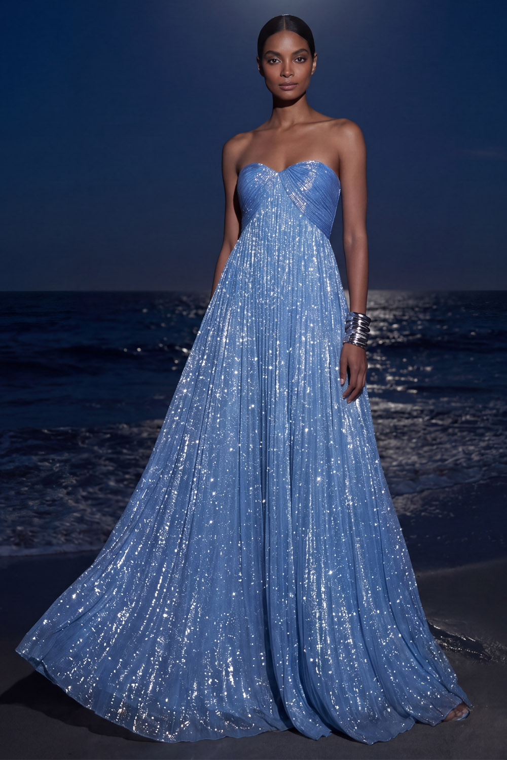 Blue Tulle Formal Dress A-Line Strapless Pleated Maxi Dress