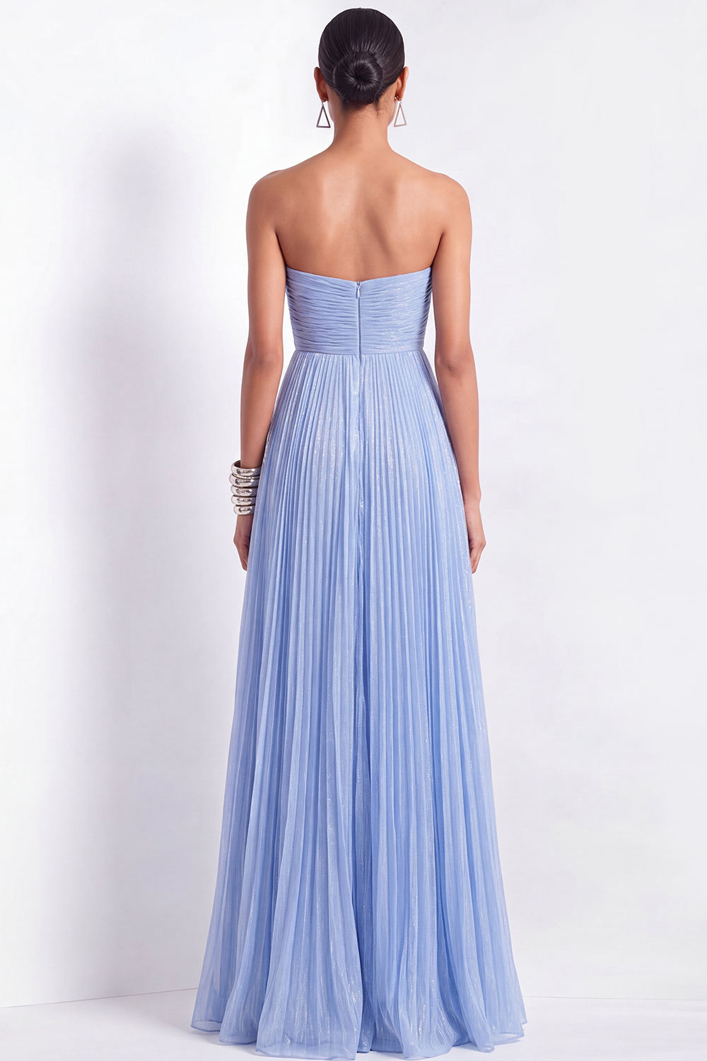 Blue Tulle Formal Dress A-Line Strapless Pleated Maxi Dress