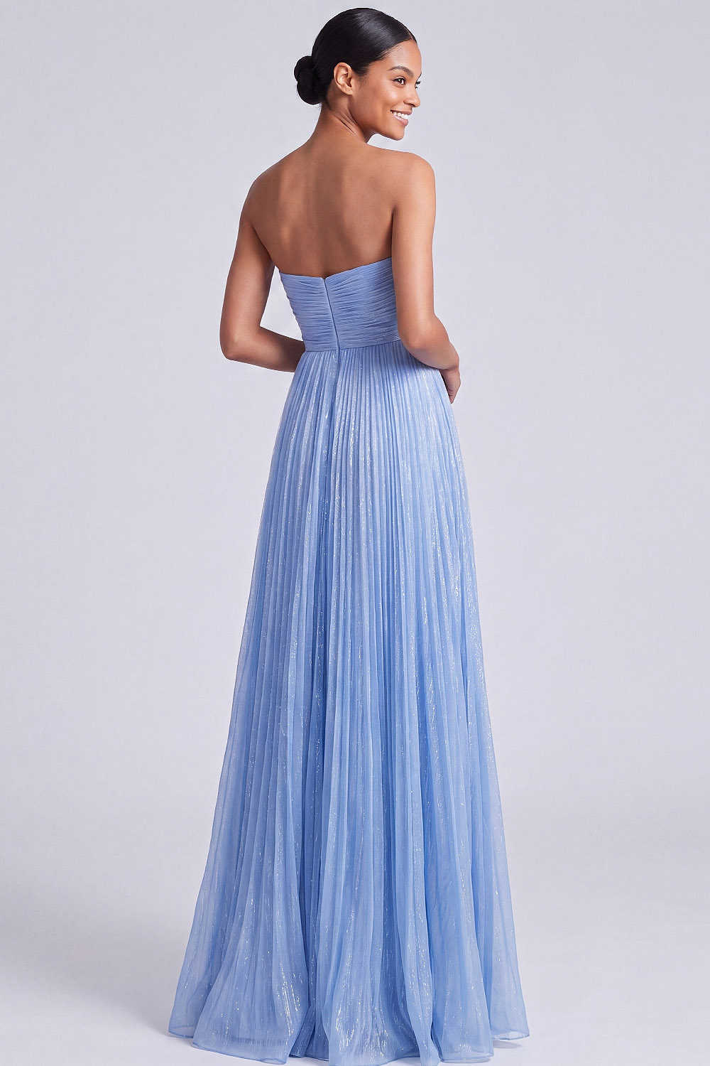 Blue Tulle Formal Dress A-Line Strapless Pleated Maxi Dress