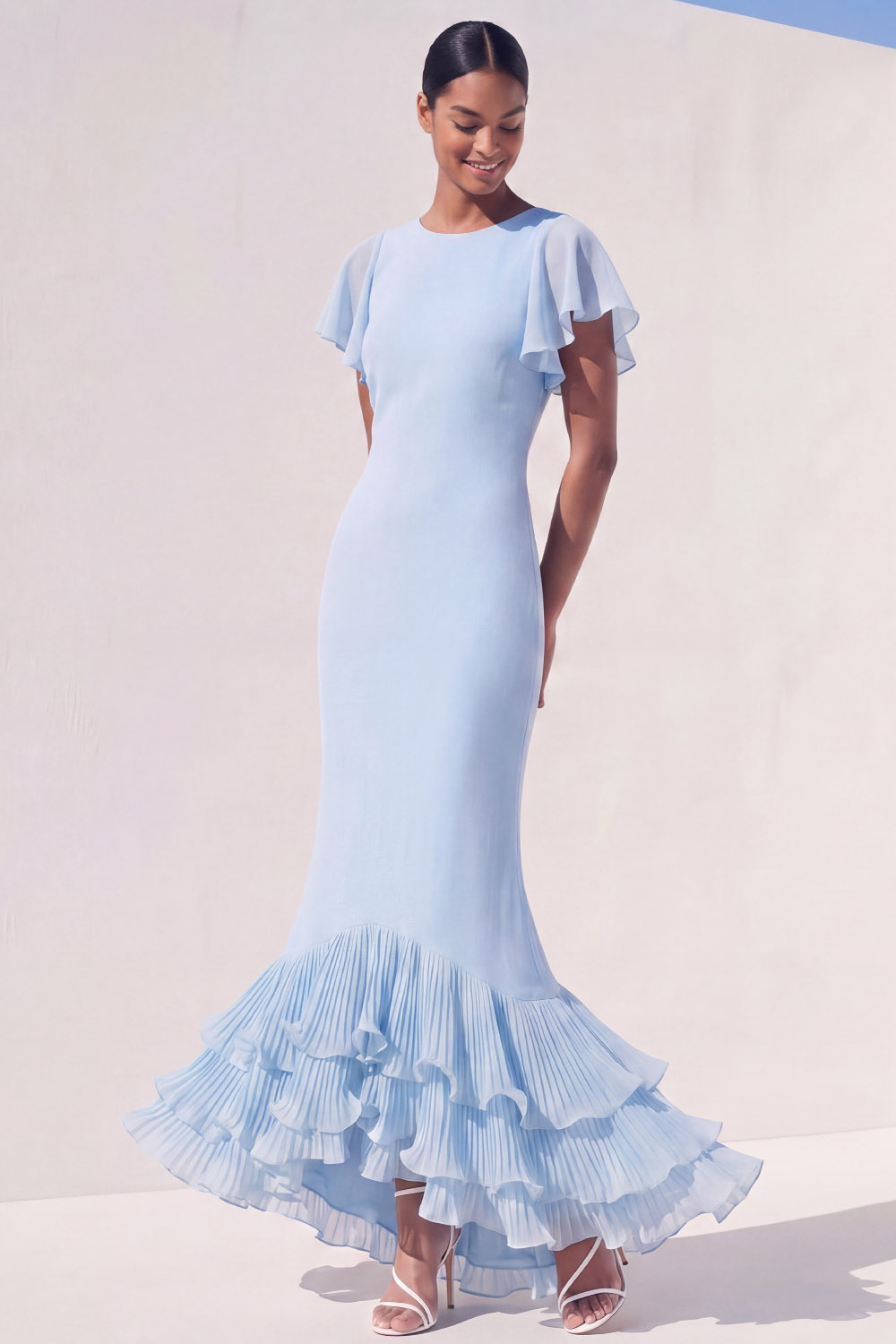 Light Blue Formal Dress Round Neck Mermaid Ruffle Sleeve Maxi Dress 