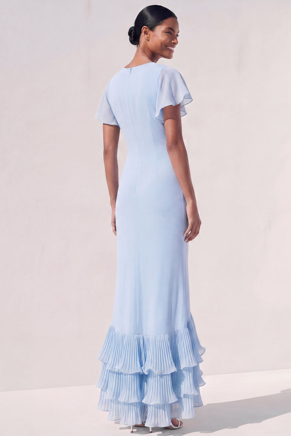 Light Blue Formal Dress Round Neck Mermaid Ruffle Sleeve Maxi Dress 