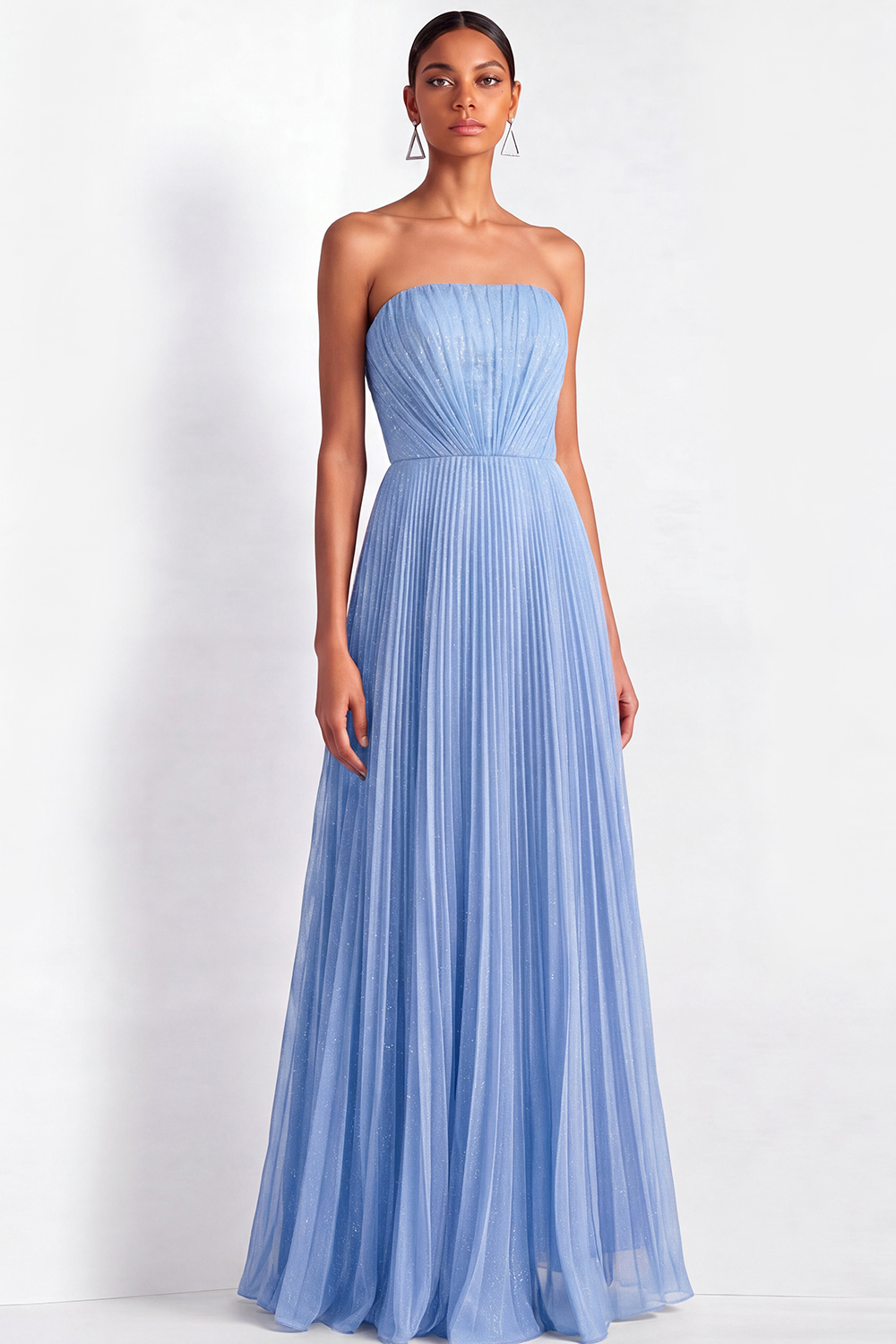 Light Blue Formal Dress Strapless A-Line Pleated Tulle Maxi Dress 