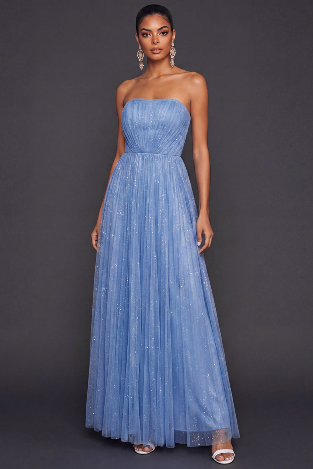 Light Blue Formal Dress Strapless A-Line Pleated Tulle Maxi Dress 