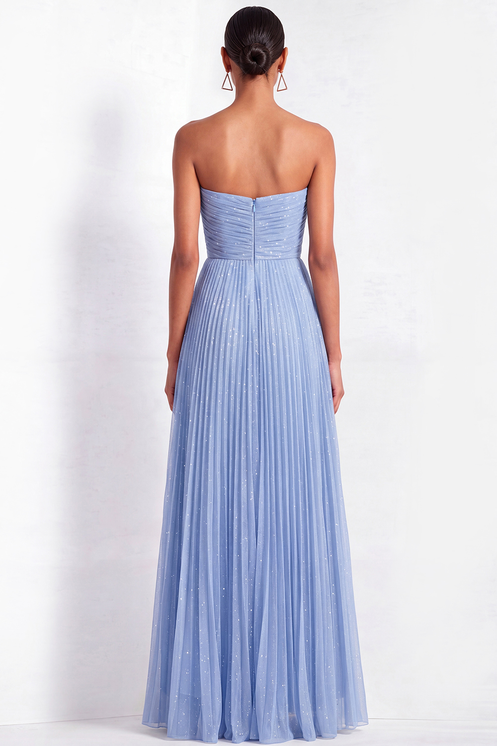 Light Blue Formal Dress Strapless A-Line Pleated Tulle Maxi Dress 
