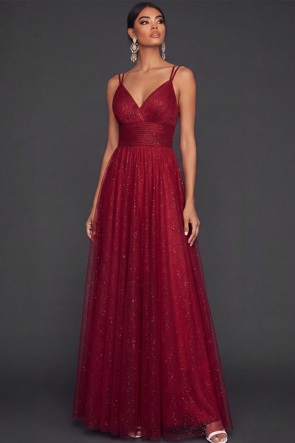 Burgundy Formal Evening Dress Spaghetti Straps A-Line Tulle Maxi Dress 