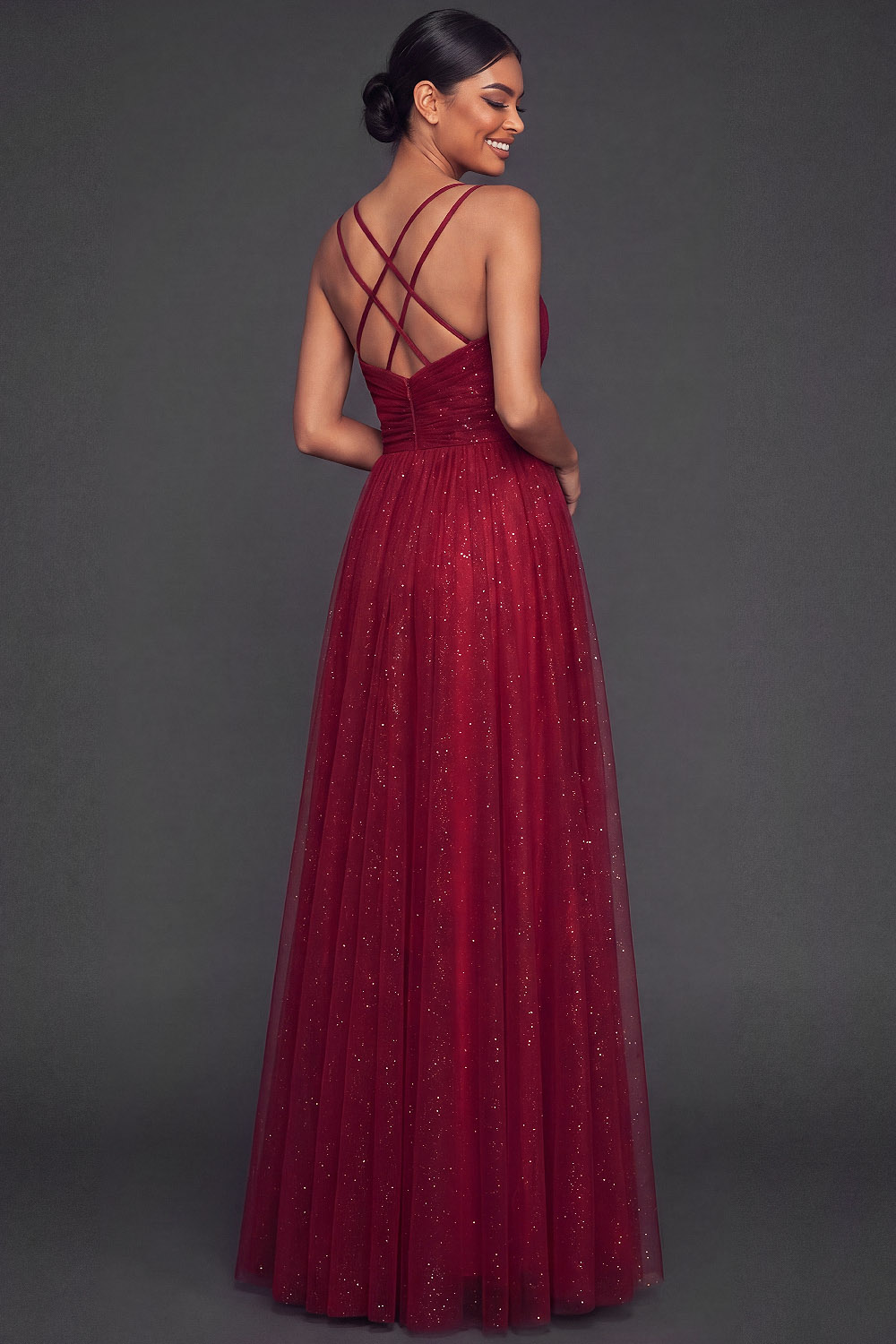 Burgundy Formal Evening Dress Spaghetti Straps A-Line Tulle Maxi Dress 