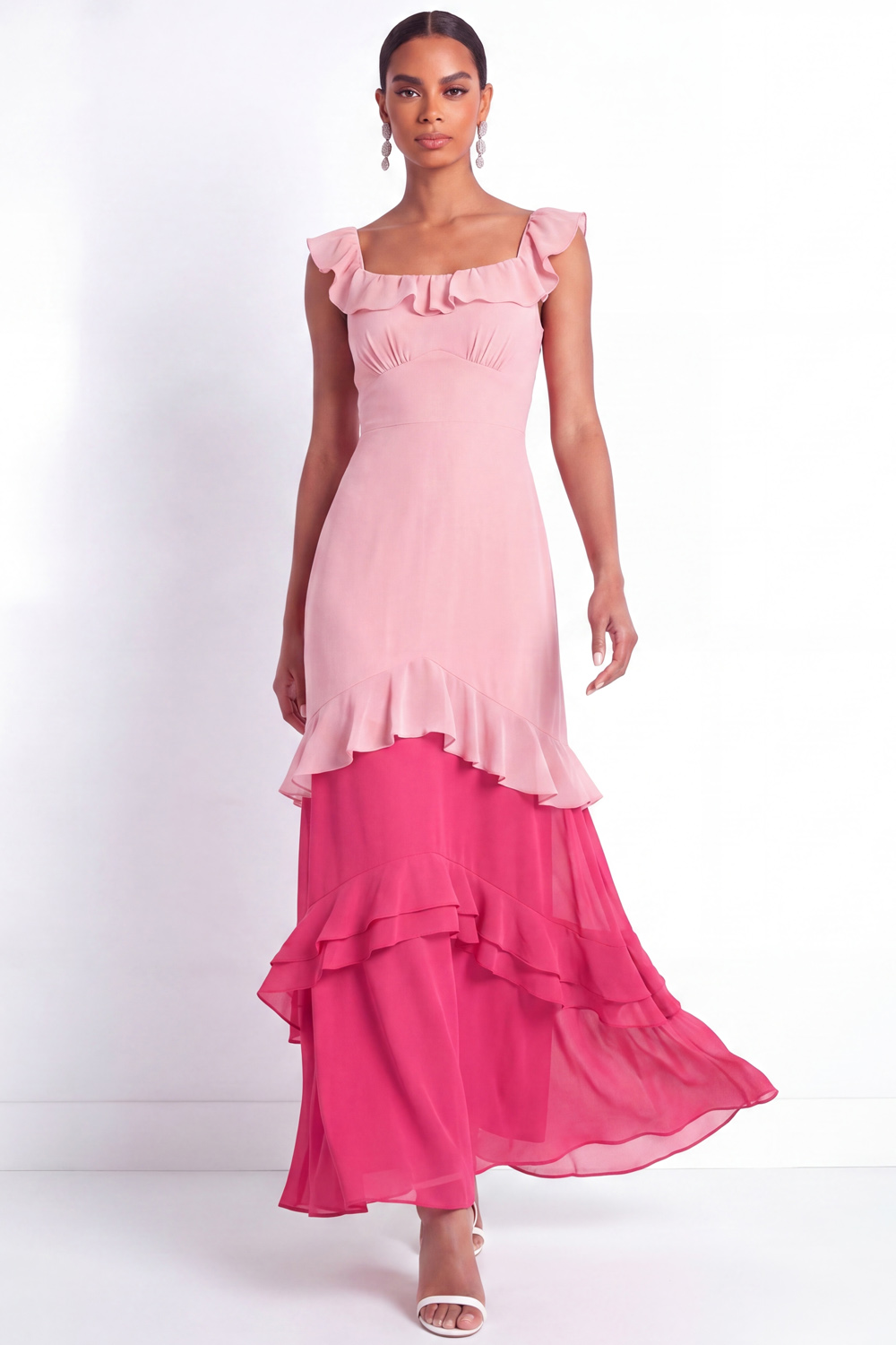 Fuchsia Formal Dress Square Neck A-Line Tiered Chiffon Maxi Dress 
