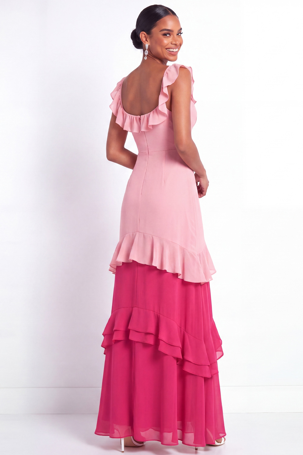 Fuchsia Formal Dress Square Neck A-Line Tiered Chiffon Maxi Dress 