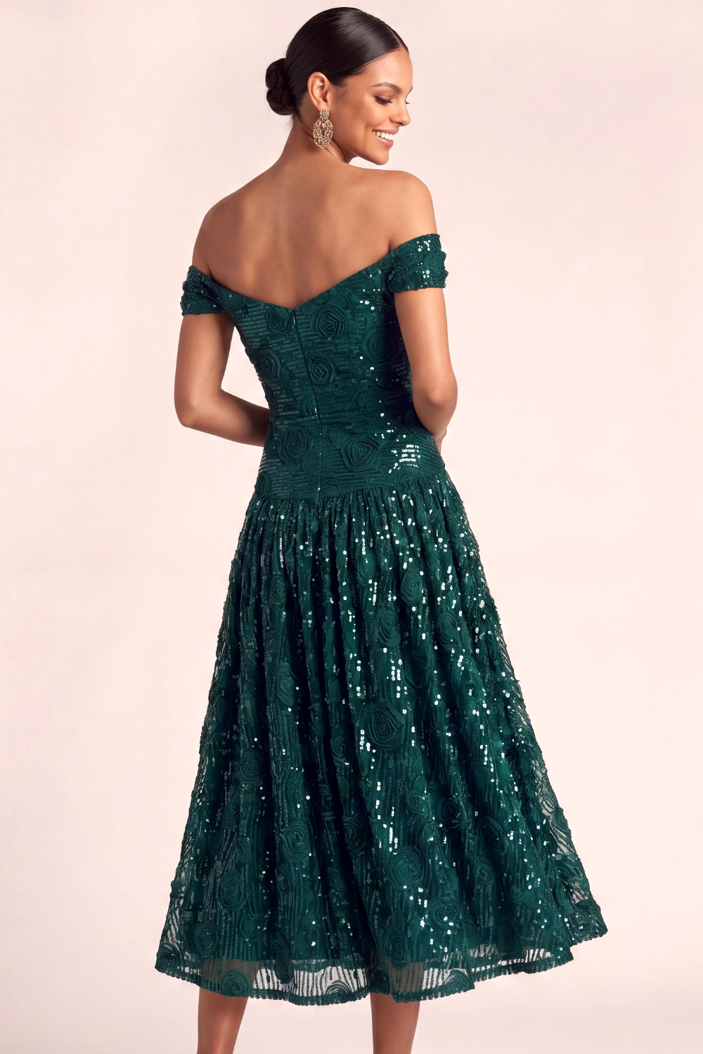 Dark Green Floral Formal Dress Off the Shoulder Appliqued Sequin Pleated Midi Dress