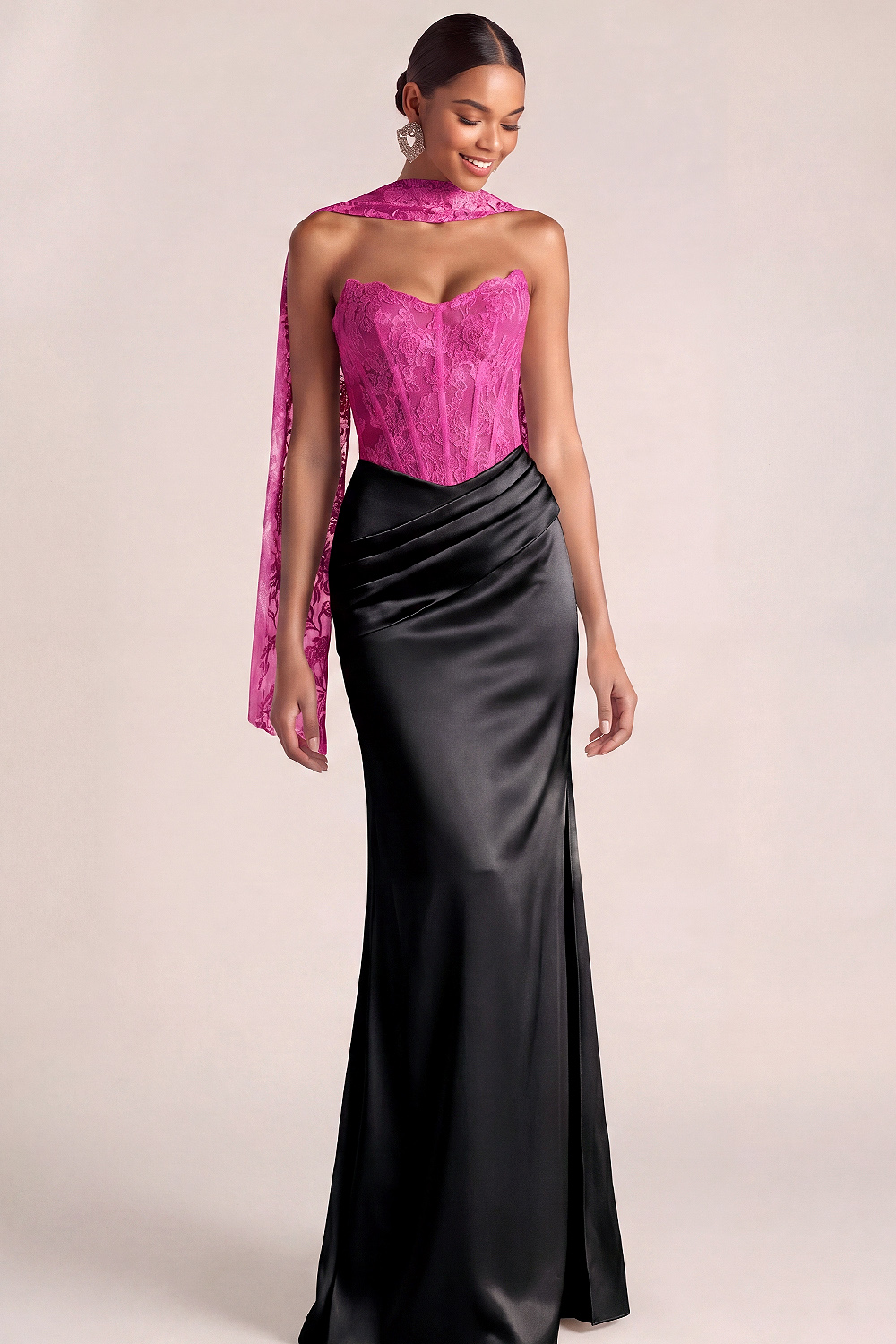 Fuchsia Formal Dress Strapless Mermaid Corset Satin Maxi Dress with Scarf