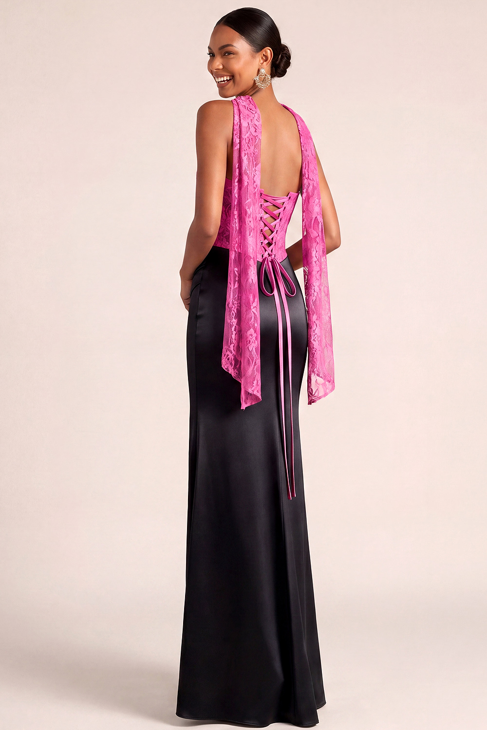 Fuchsia Formal Dress Strapless Mermaid Corset Satin Maxi Dress with Scarf