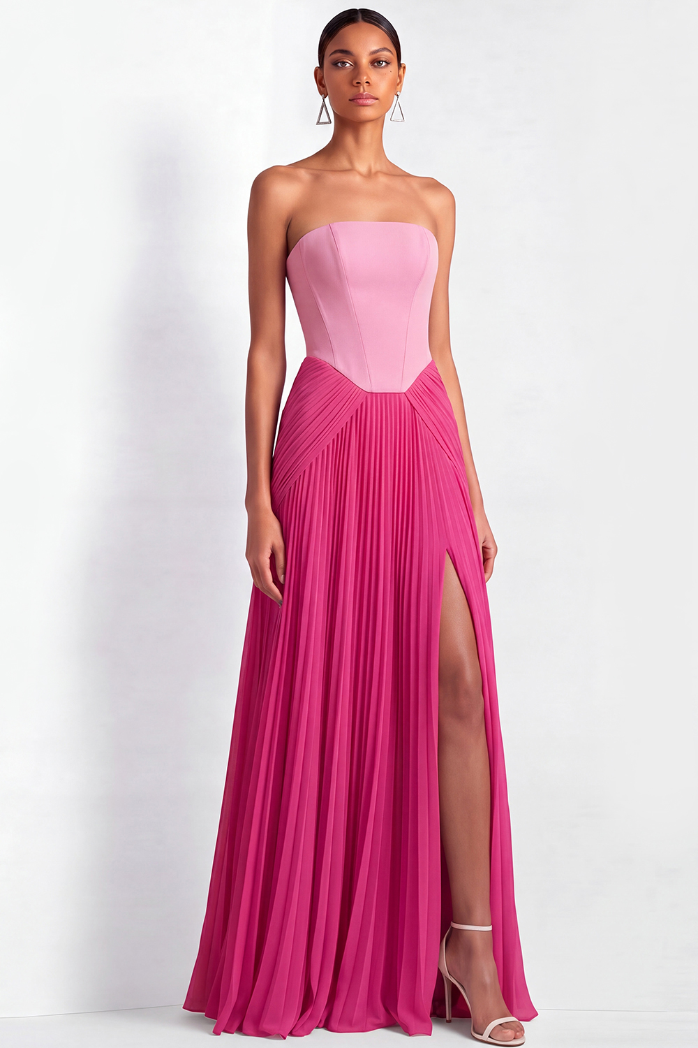 Fuchsia and Pink Formal Dress Strapless A-Line Pleated Maxi Dress with Slit