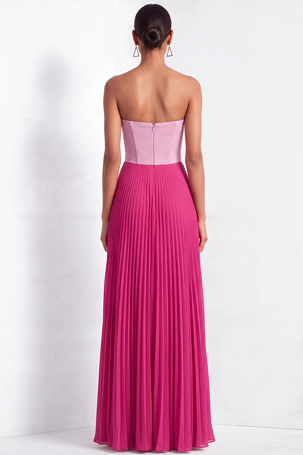 Fuchsia and Pink Formal Dress Strapless A-Line Pleated Maxi Dress with Slit