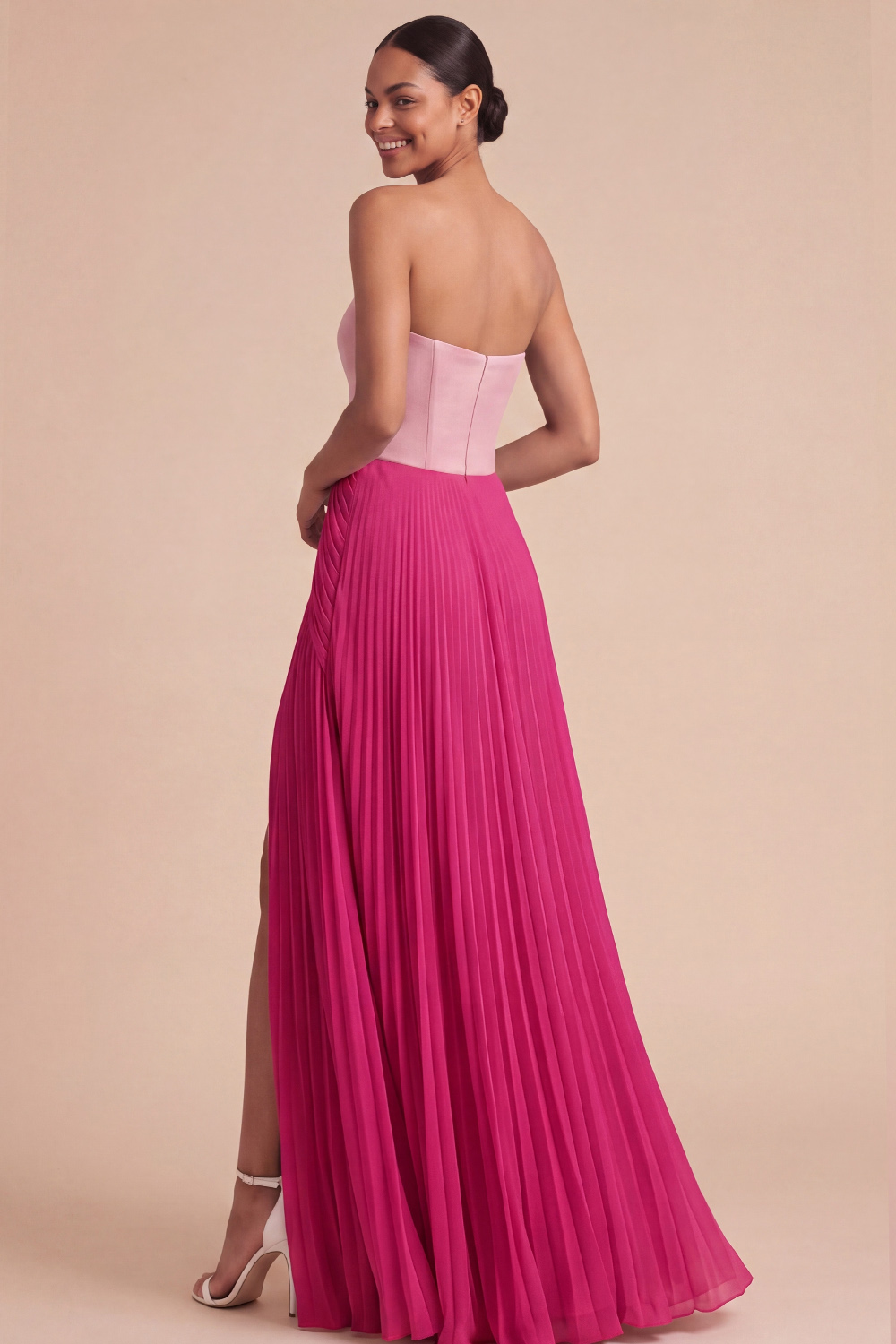Fuchsia and Pink Formal Dress Strapless A-Line Pleated Maxi Dress with Slit