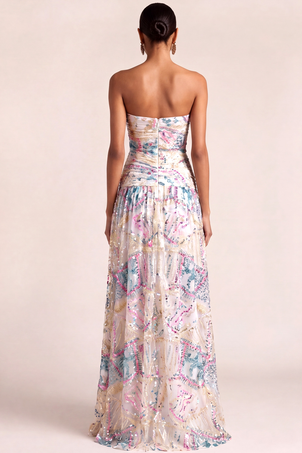Ivory Wedding Guest Dress A-Line Strapless Pleated Maxi Dress with Sequin