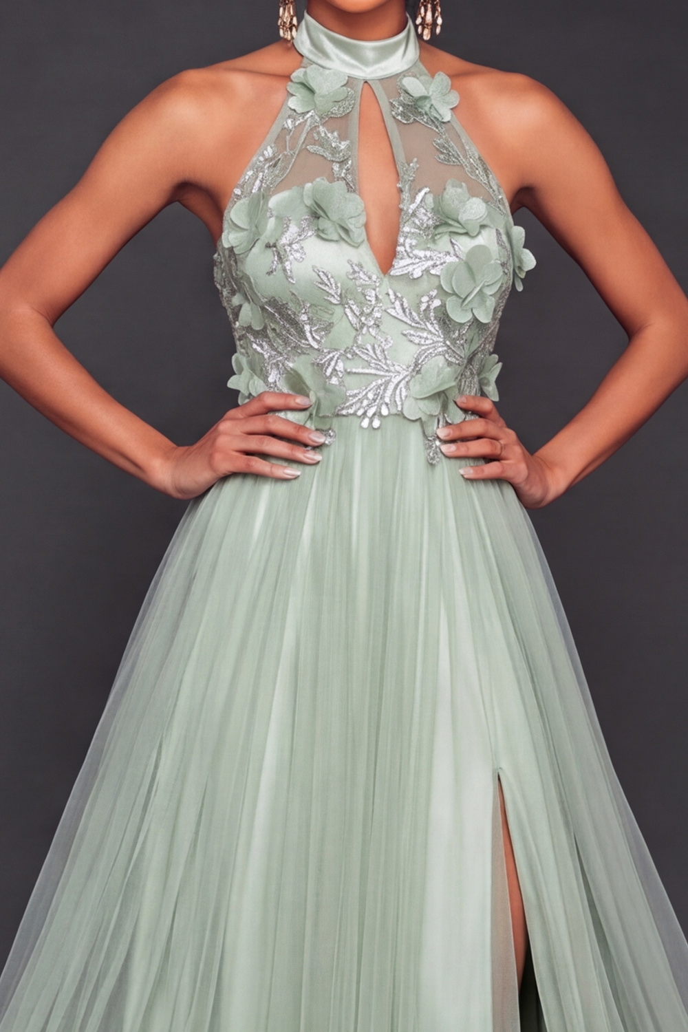 Light Blue Jacquard Formal Dress Keyhole Pleated Tulle Maxi Dress