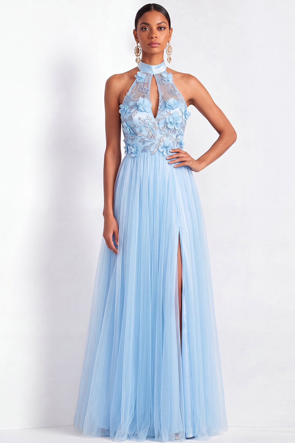 Light Blue Jacquard Formal Dress Keyhole Pleated Tulle Maxi Dress with Slit