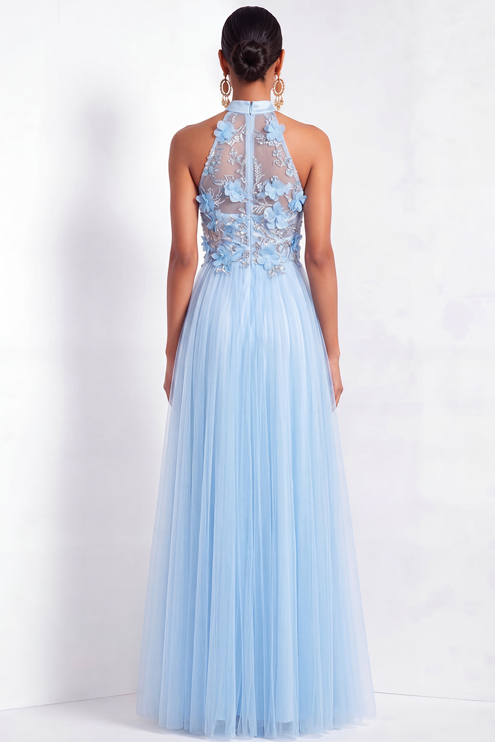 Light Blue Jacquard Formal Dress Keyhole Pleated Tulle Maxi Dress with Slit